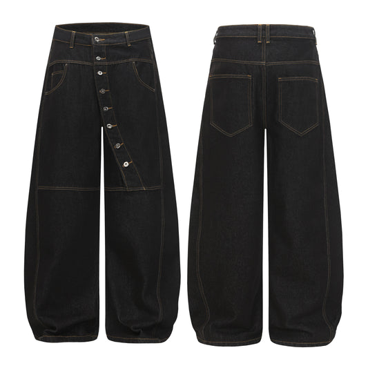 CapCabin Asymmetric Button Wide-Leg Denim Pants