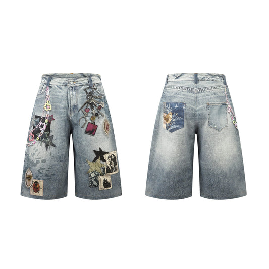 CapCabin “Vintage Charm Patch Denim Shorts
