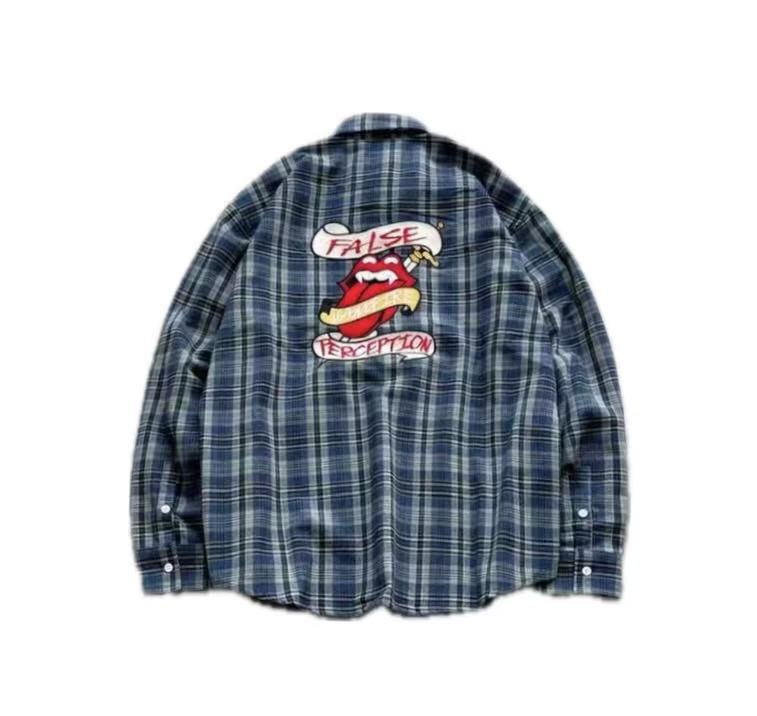 FALSE PERCEPTION Plaid Embroidered Graphic Shirt
