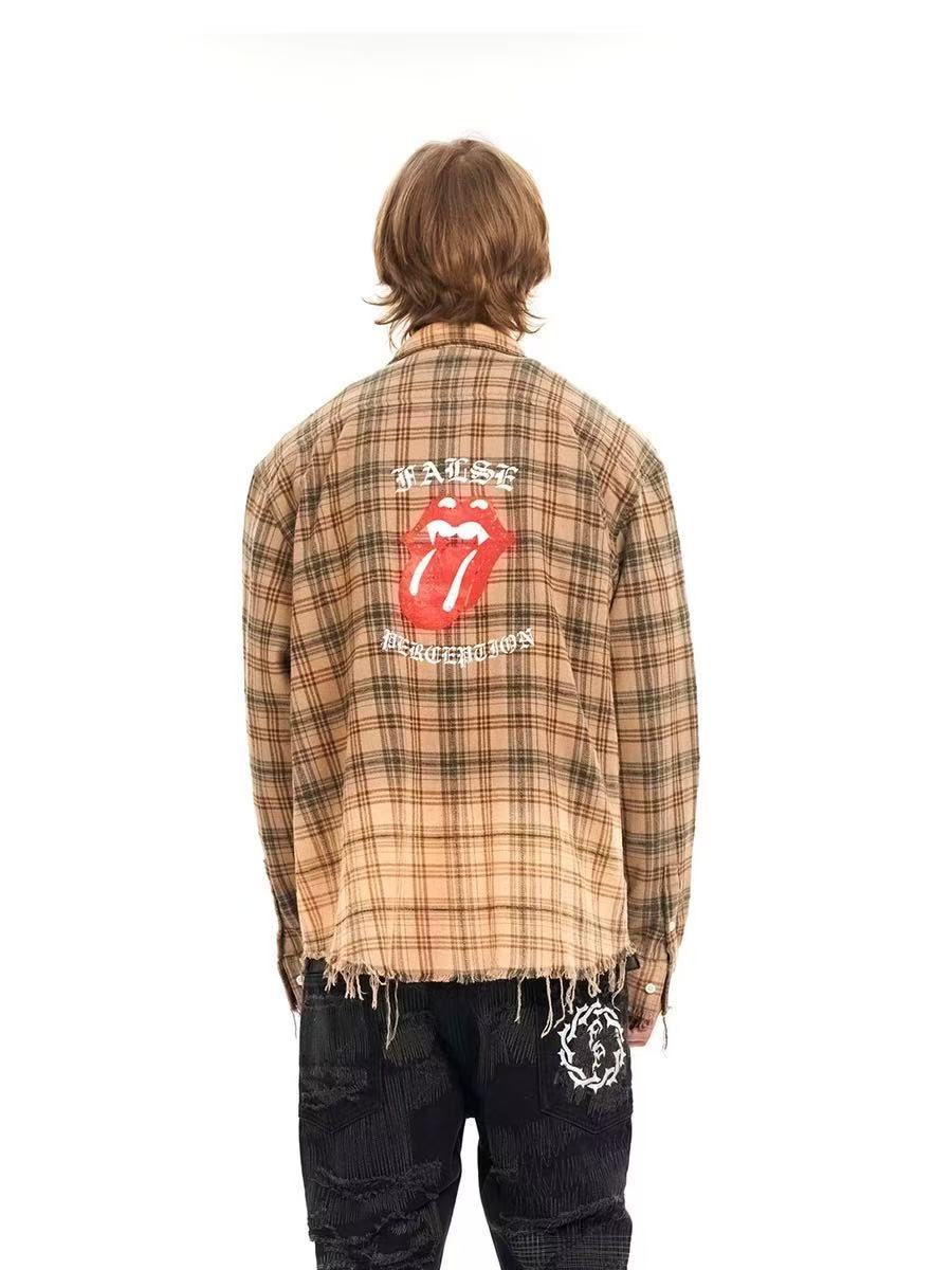 FALSE PERCEPTION Plaid Graphic Frayed Hem Shirt