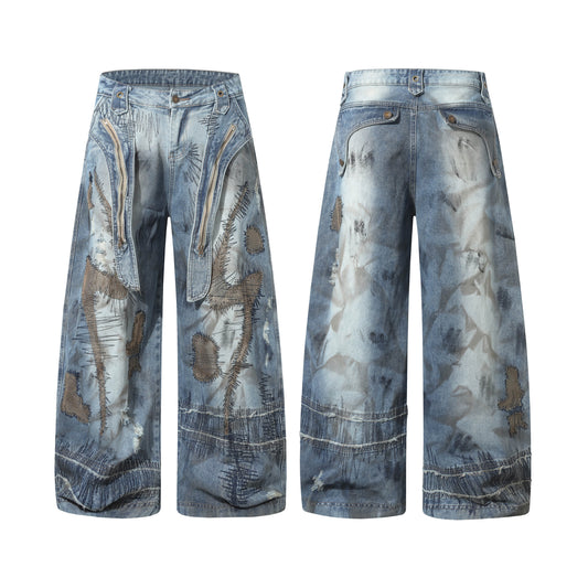 CapCabin Distressed Patchwork Denim Pants