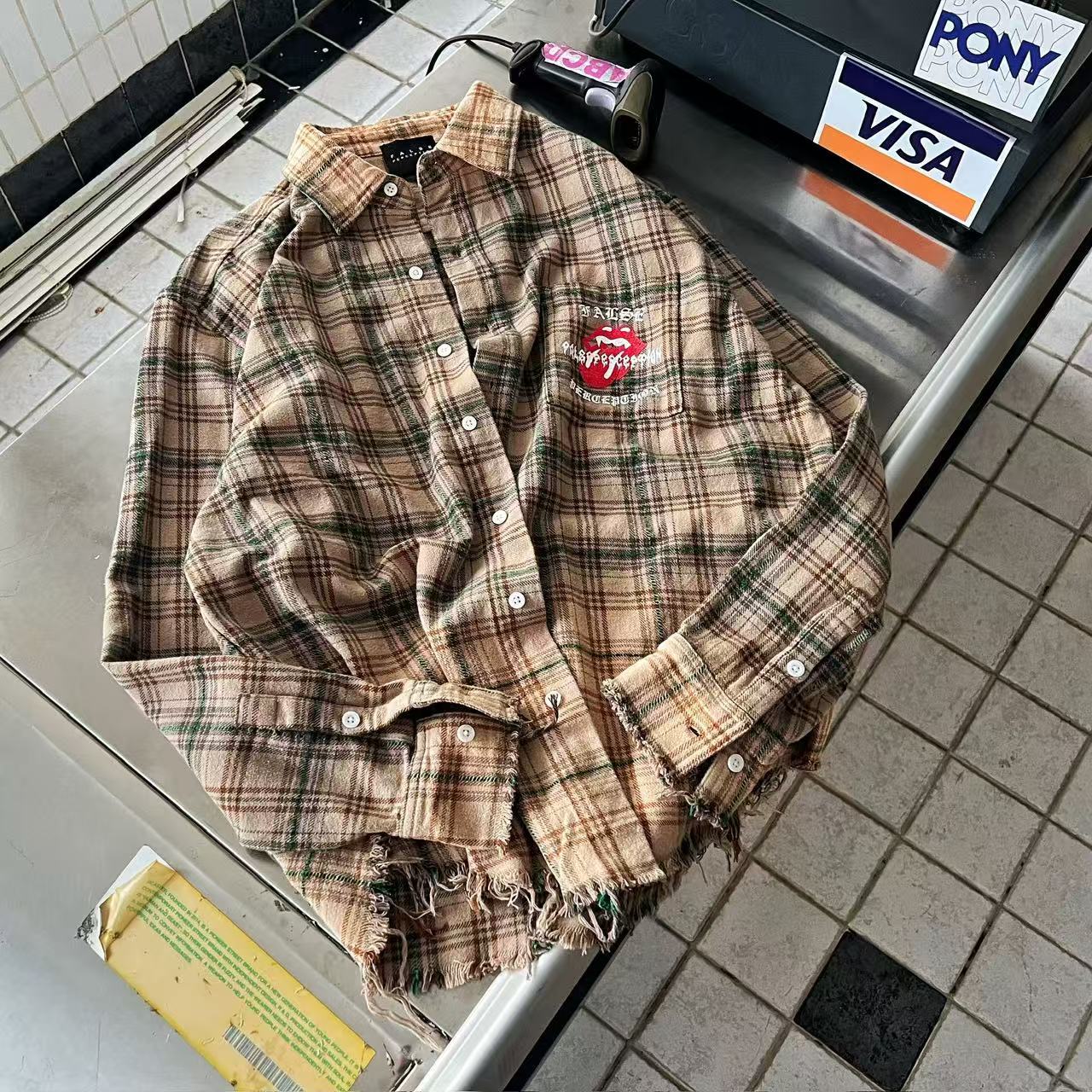 FALSE PERCEPTION Plaid Graphic Frayed Hem Shirt