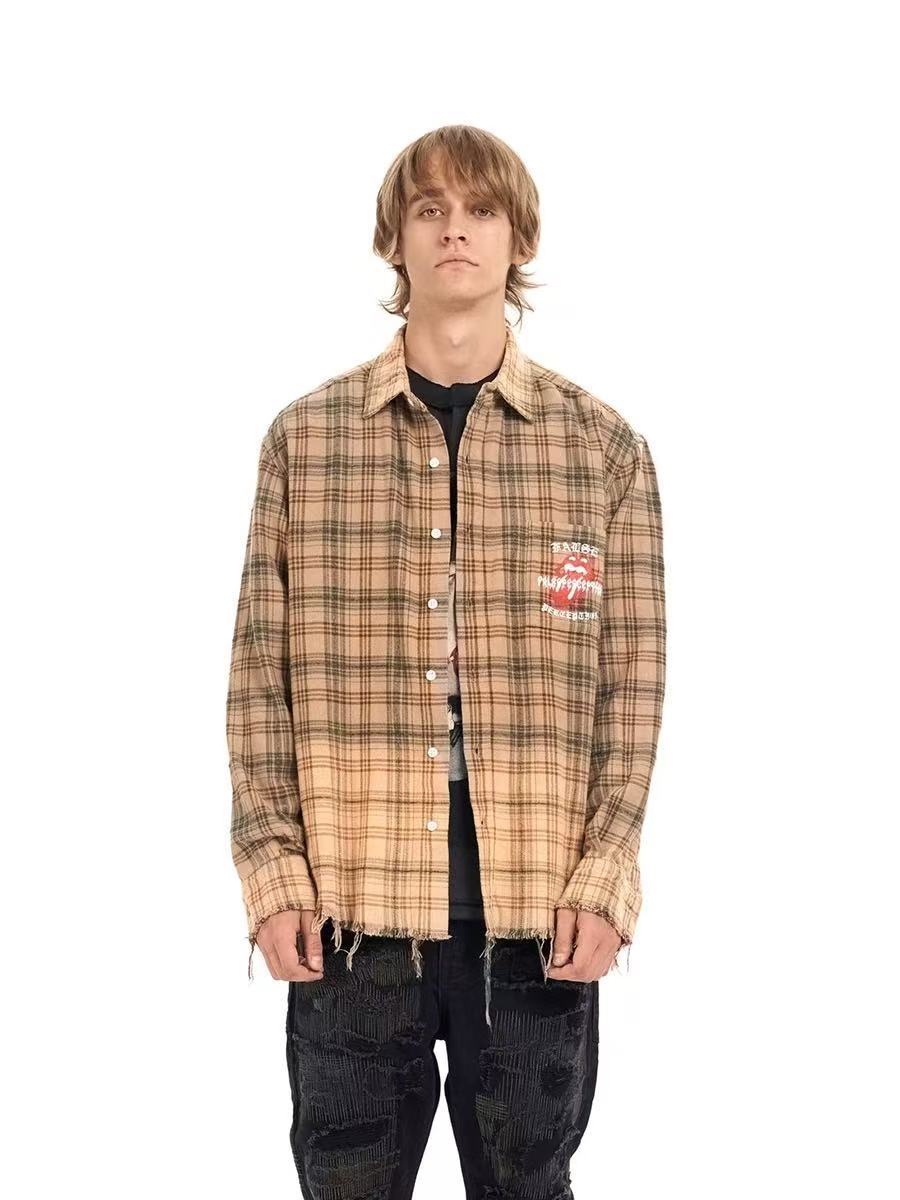 FALSE PERCEPTION Plaid Graphic Frayed Hem Shirt