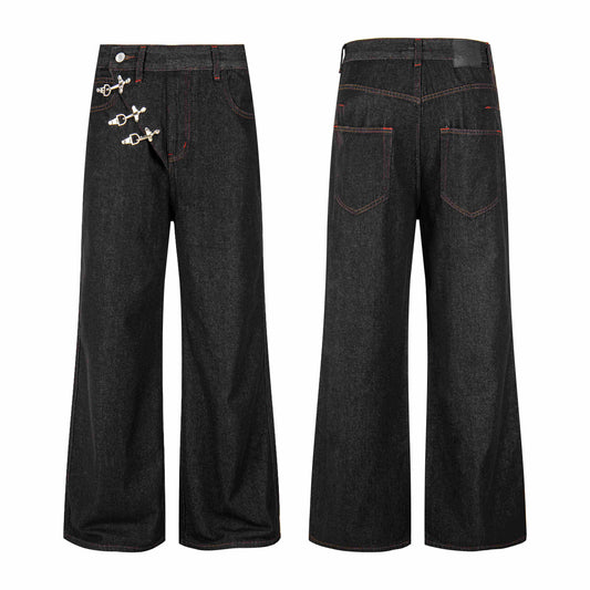 CapCabin Hook Closure Wide-Leg Denim Pants