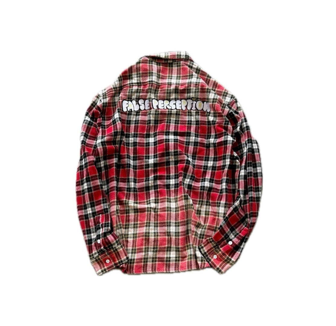 FALSE PERCEPTION Red Plaid Smiley Overshirt