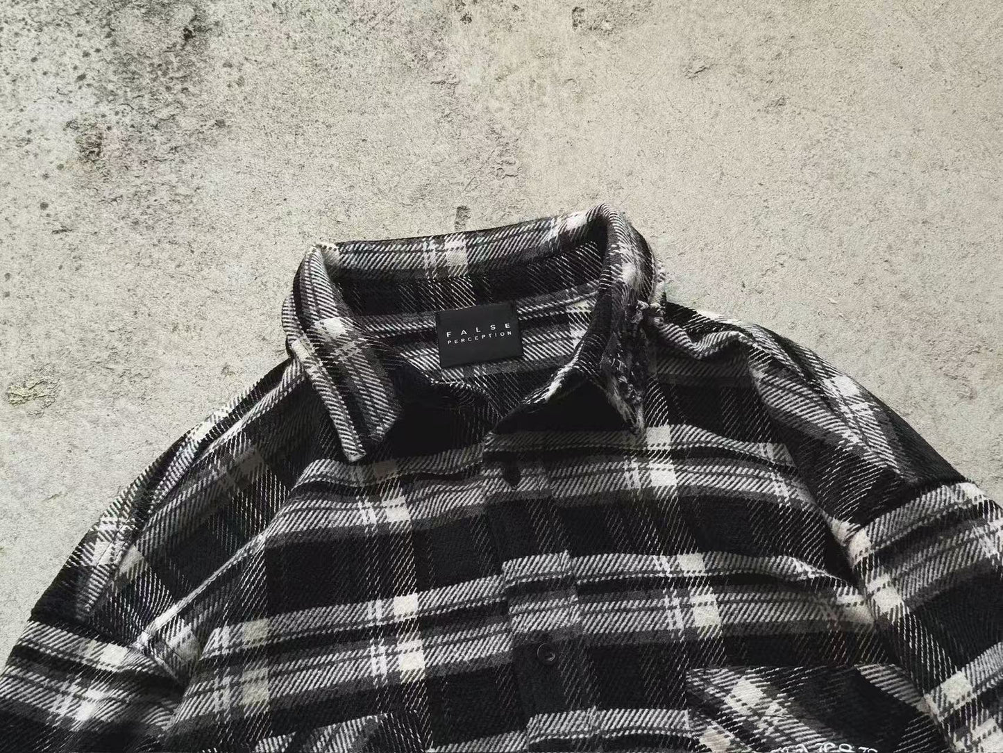 FALSE PERCEPTION Plaid Graphic Distressed Shirt