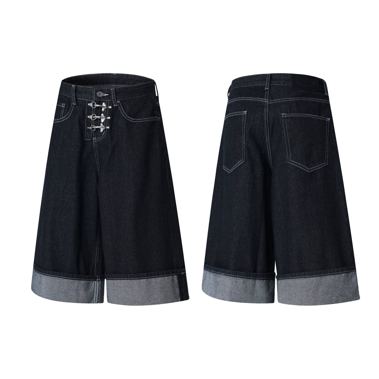 CapCabin Wide-Leg Buckle Denim Shorts