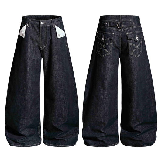 CapCabin Buckle Detail Wide-Leg Denim Pants
