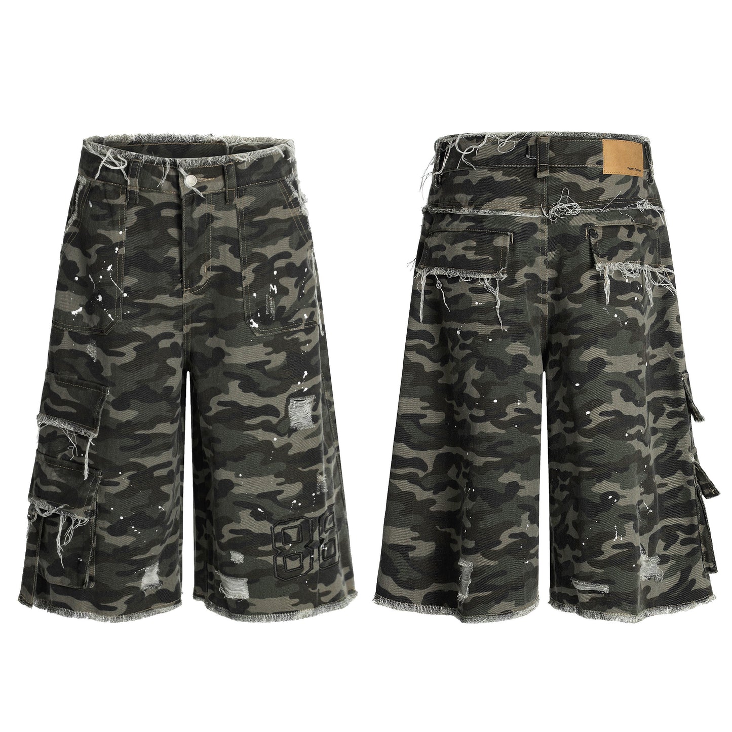 CapCabin Camo Distressed Utility Denim Shorts