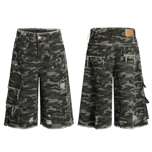 CapCabin Camo Distressed Utility Denim Shorts