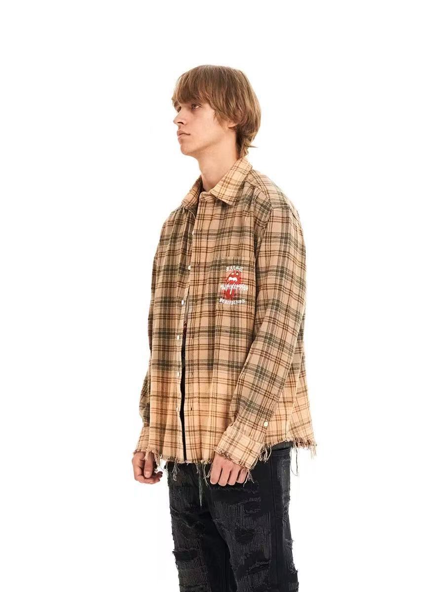 FALSE PERCEPTION Plaid Graphic Frayed Hem Shirt