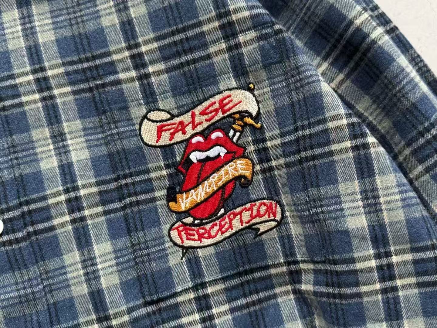 FALSE PERCEPTION Plaid Embroidered Graphic Shirt