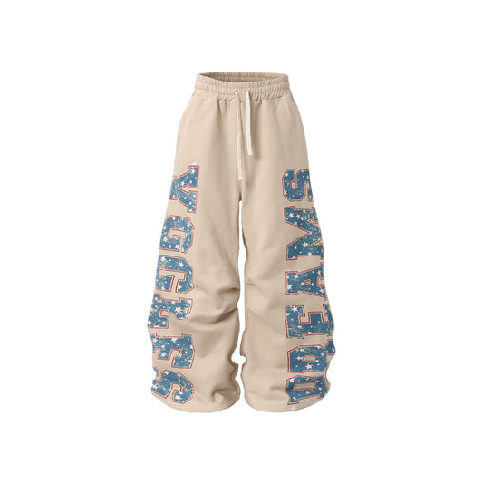 CapCabin Fleece-Lined Retro Letter Wide-Leg Sweatpants