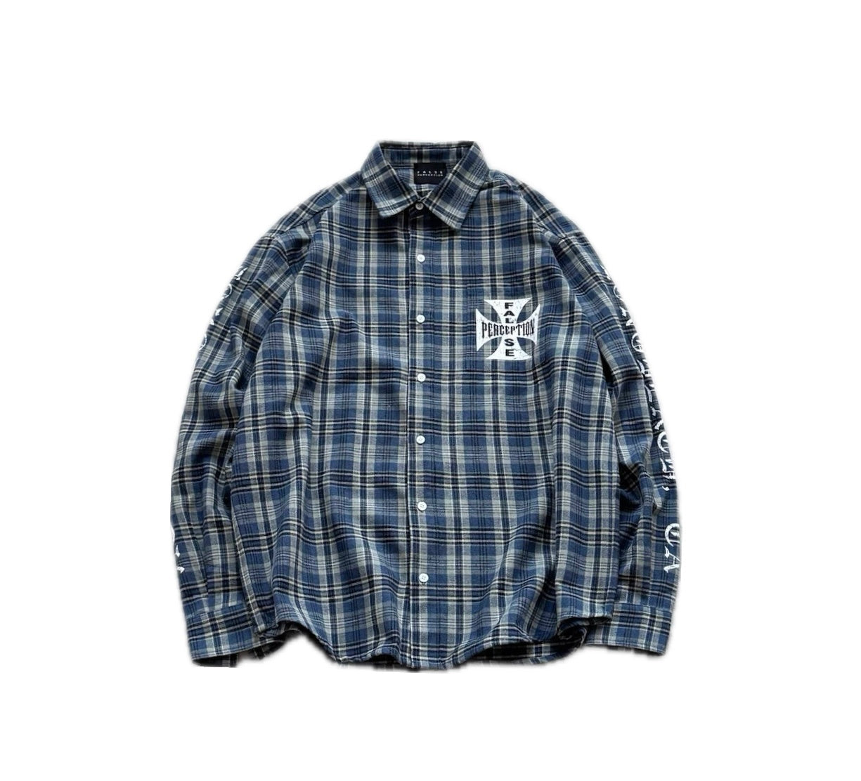 FALSE PERCEPTION Blue Plaid Embroidered Overshirt