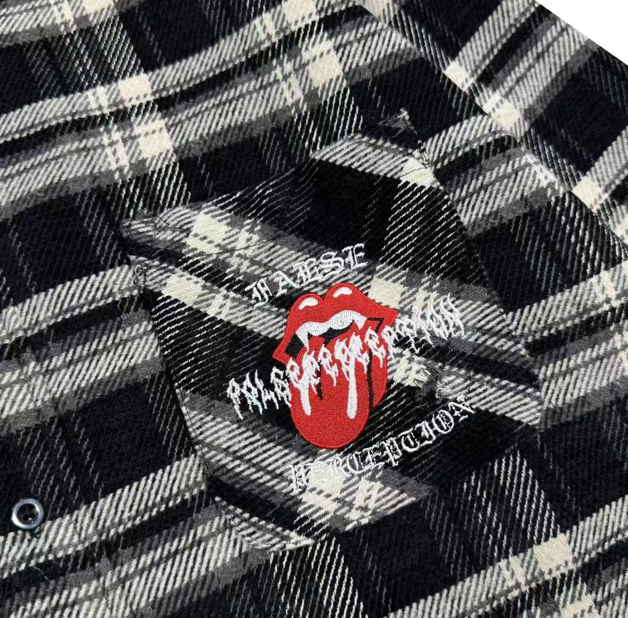 FALSE PERCEPTION Plaid Graphic Distressed Shirt