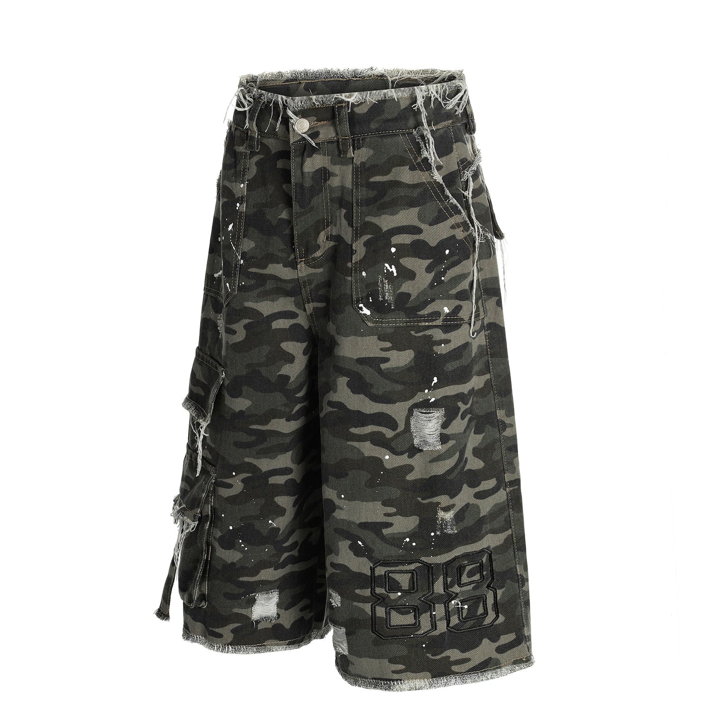 CapCabin Camo Distressed Utility Denim Shorts