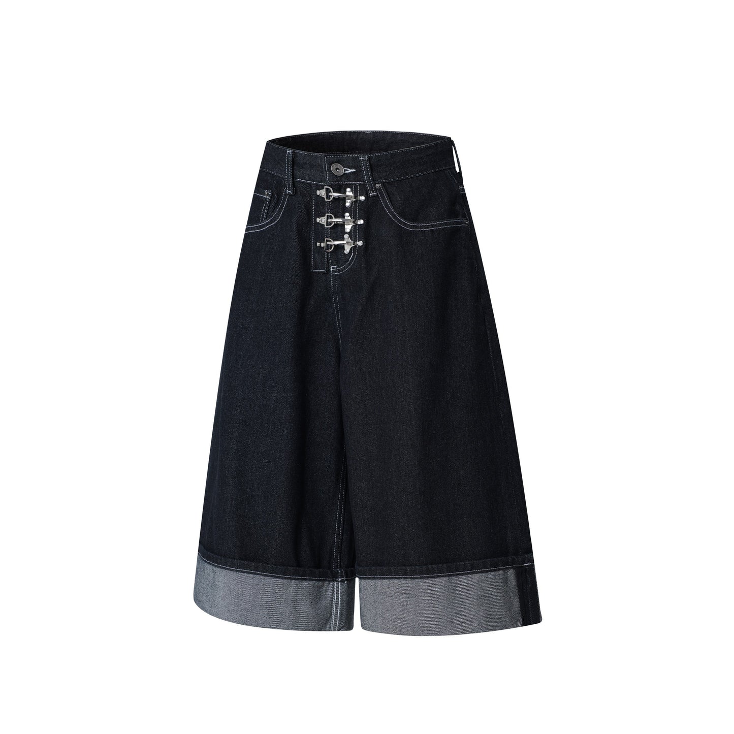 CapCabin Wide-Leg Buckle Denim Shorts