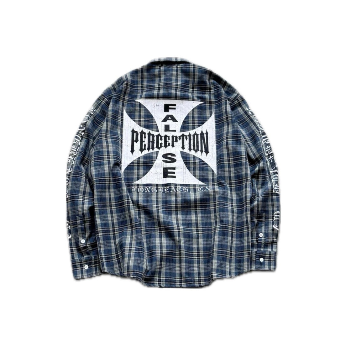 FALSE PERCEPTION Blue Plaid Embroidered Overshirt
