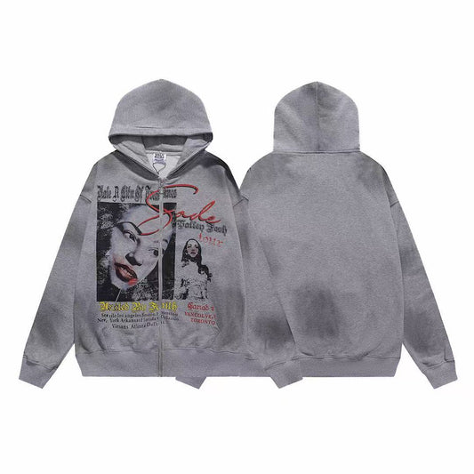 Vale Forever Sade Portrait & Newspaper Collage Vintage Wash Full-Zip Hoodie