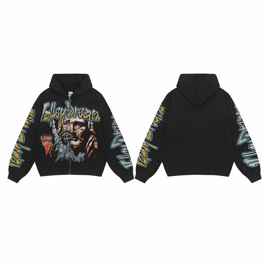Vale Forever Valley Dreams Statue of Liberty & Portrait Graphic Vintage Wash Full-Zip Hoodie