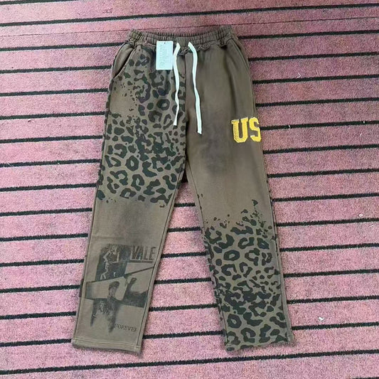 Vale Forever Leopard & Vintage Wash Full-Zip Sweatpants Khaki