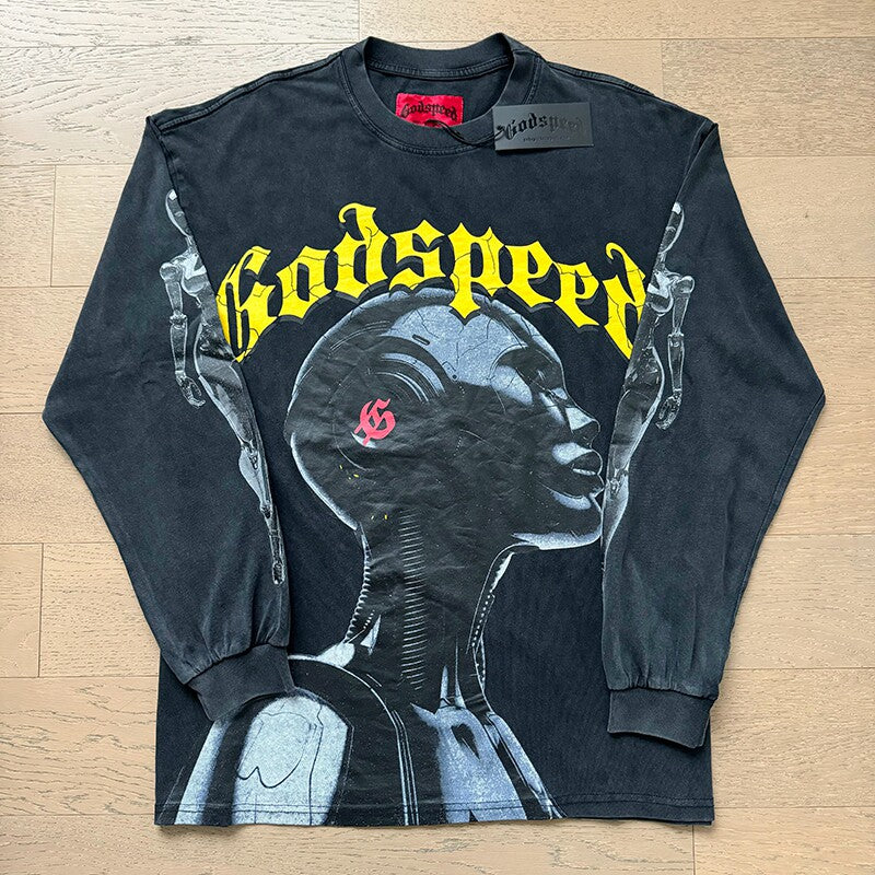 GodSpeed Washed Black Gothic Graphic Long Sleeve T-Shirt