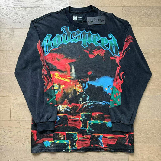 GodSpeed Washed Black Gothic Graphic Long Sleeve T-Shirt