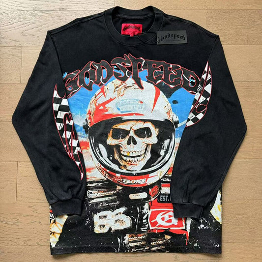 GodSpeed Washed Black Racing Skull Graphic Long Sleeve T-Shirt