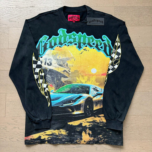 GodSpeed Washed Black Supercar Graphic Long Sleeve T-Shirt