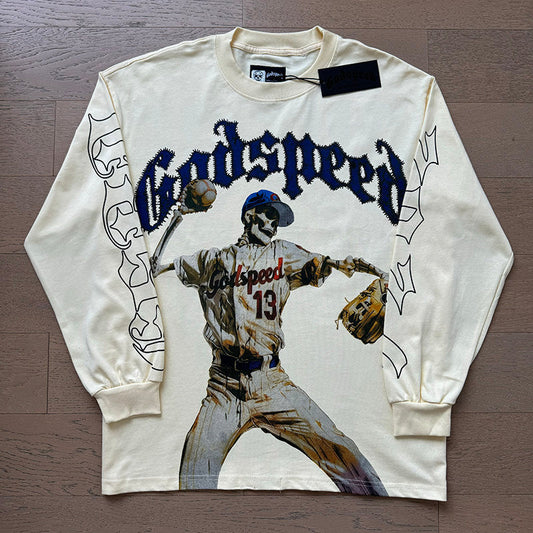 GodSpeed Cream Baseball Skull Graphic Long Sleeve