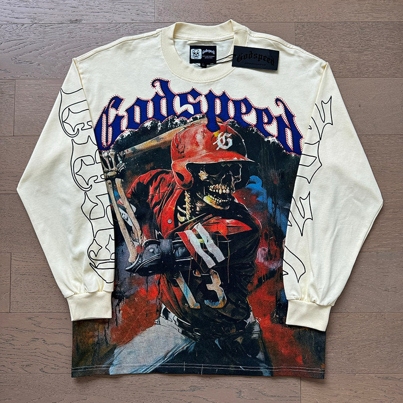 GodSpeed Cream Baseball Skull Graphic Long Sleeve