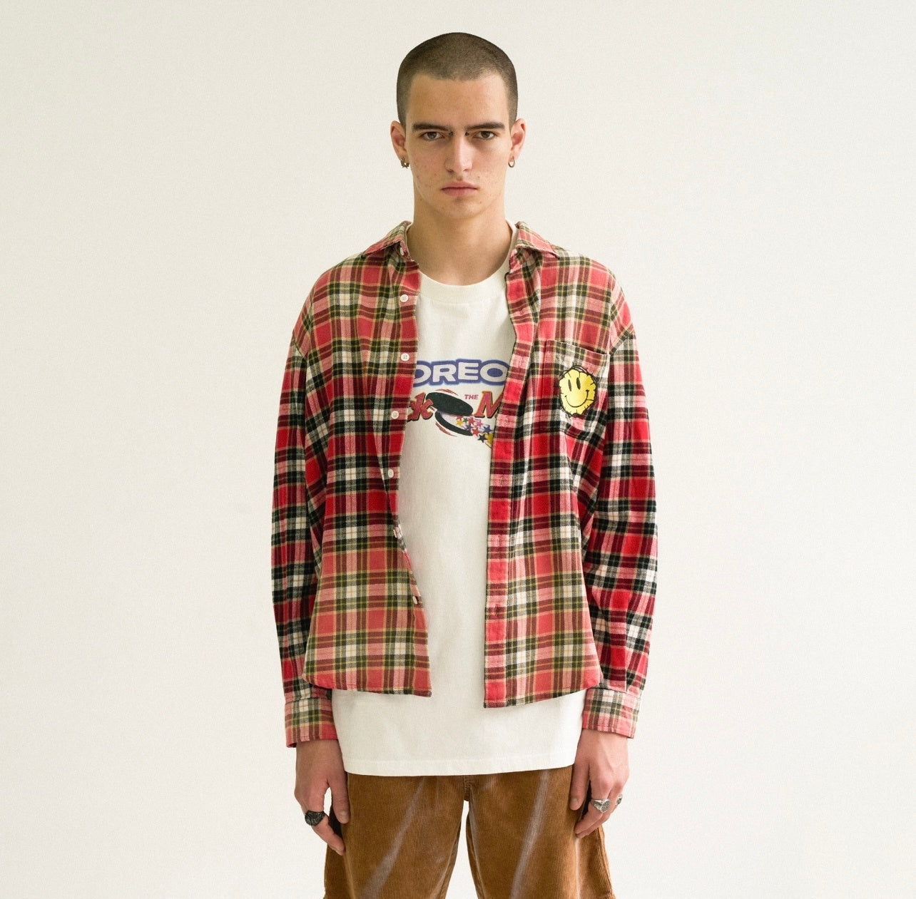 FALSE PERCEPTION Red Plaid Smiley Overshirt