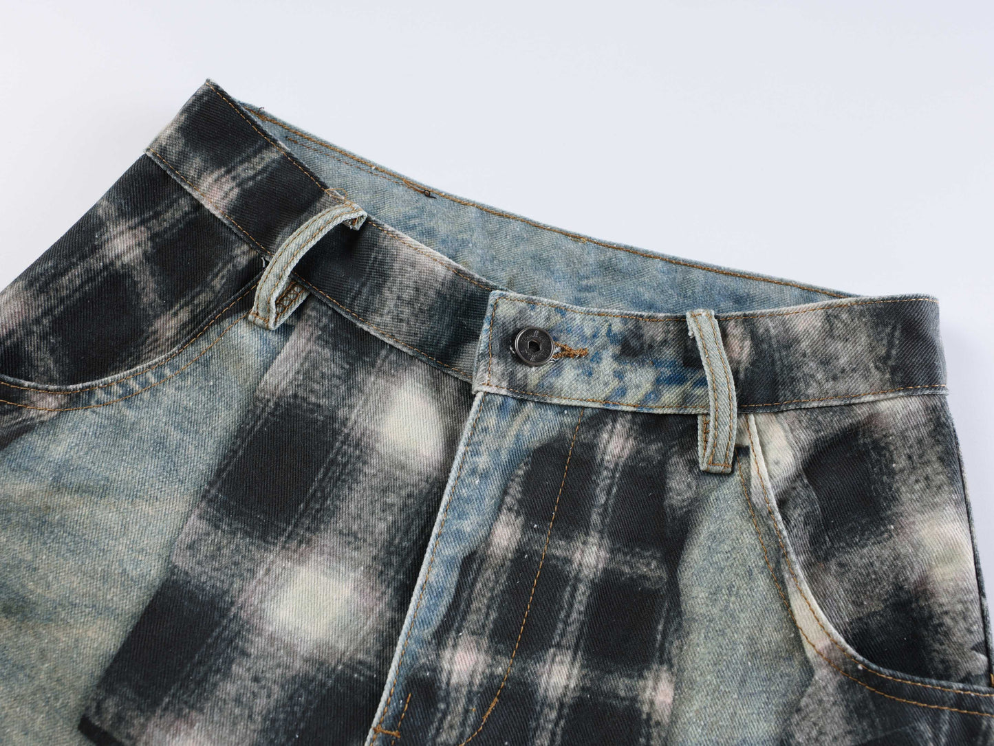 CapCabin “Layered Flannel Patchwork Balloon Jeans”