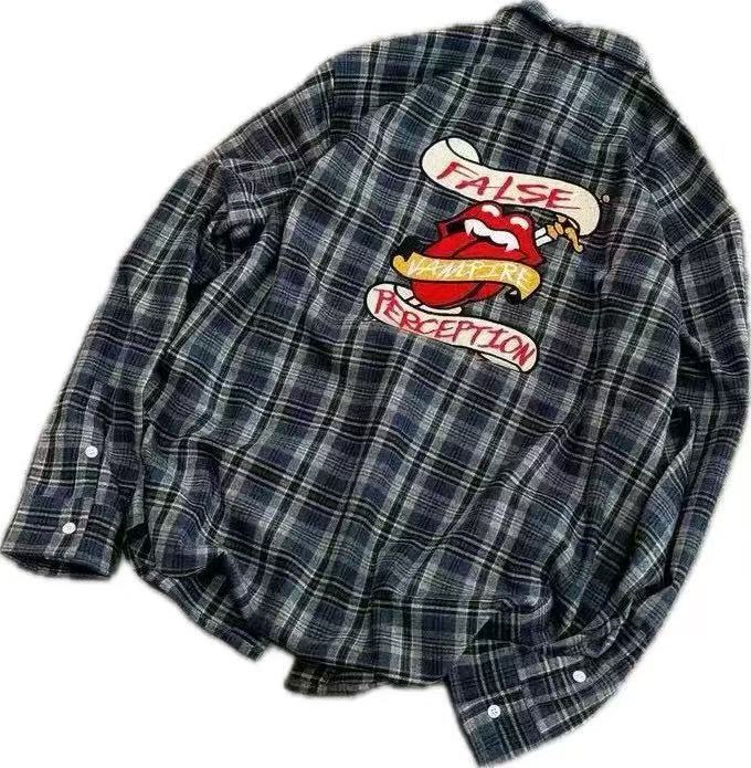 FALSE PERCEPTION Plaid Embroidered Graphic Shirt