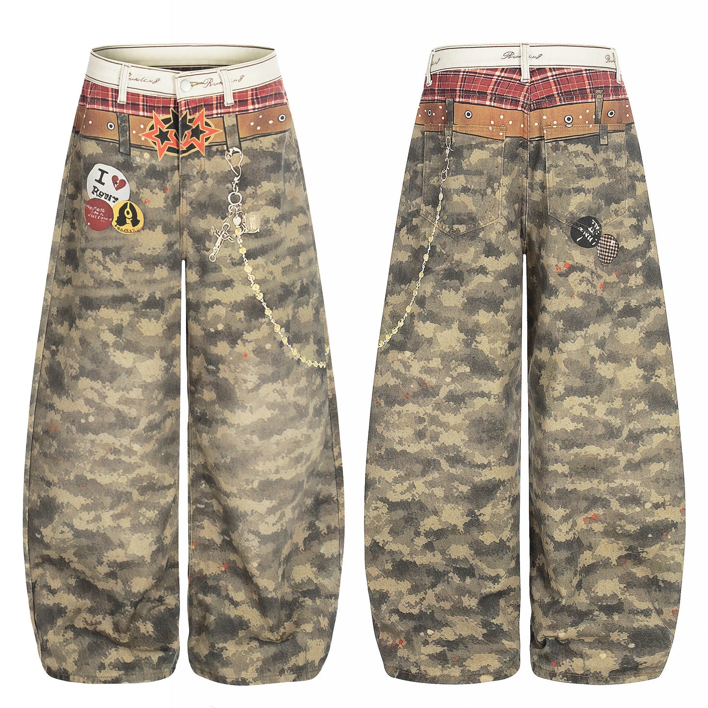 CapCabin Camo Patchwork Wide-Leg Denim Pants