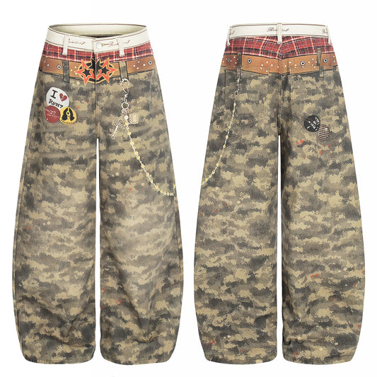 CapCabin Camo Patchwork Wide-Leg Denim Pants