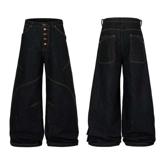 CapCabin Curved Panel Wide Leg Denim Pants