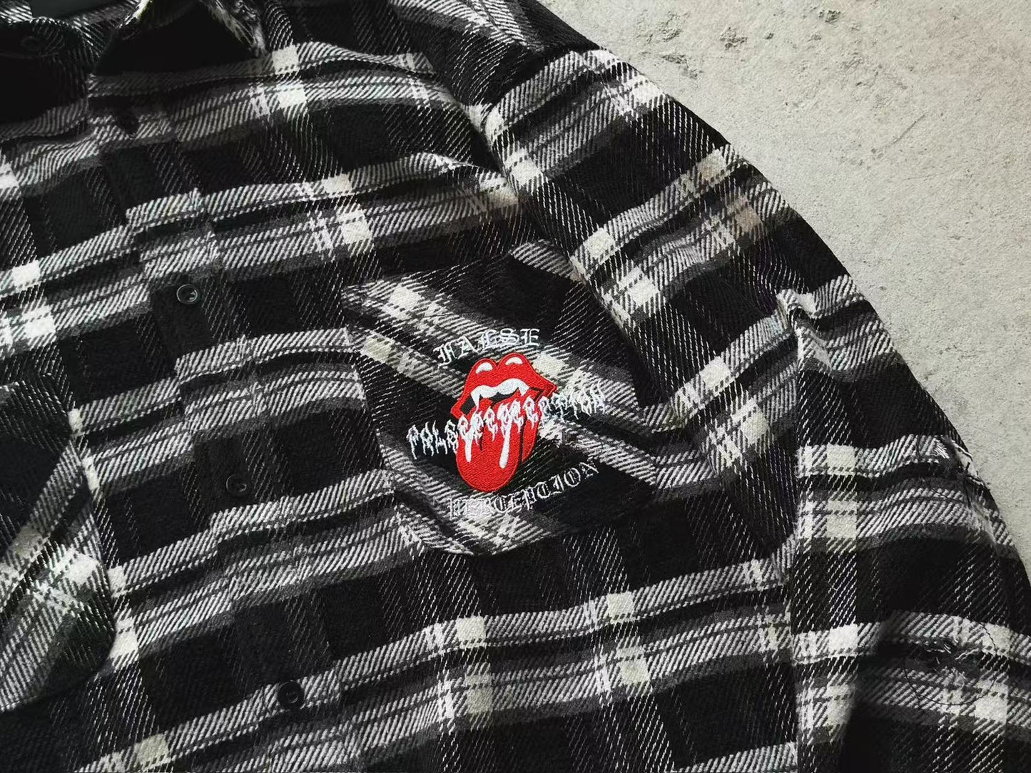 FALSE PERCEPTION Plaid Graphic Distressed Shirt