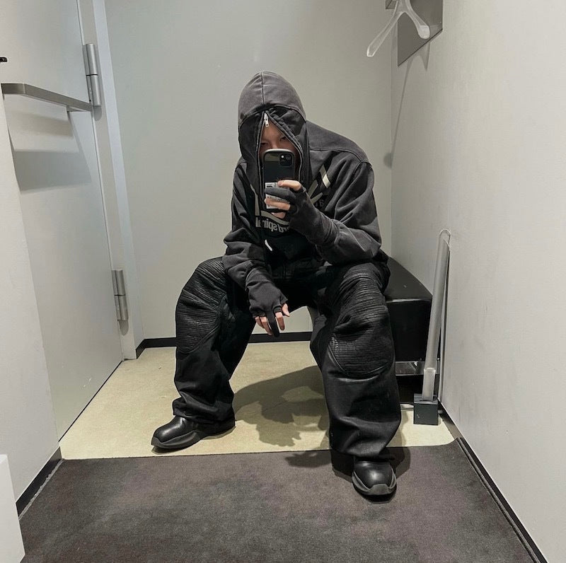 CapCabin Curved-Stitch Leather Denim Pants