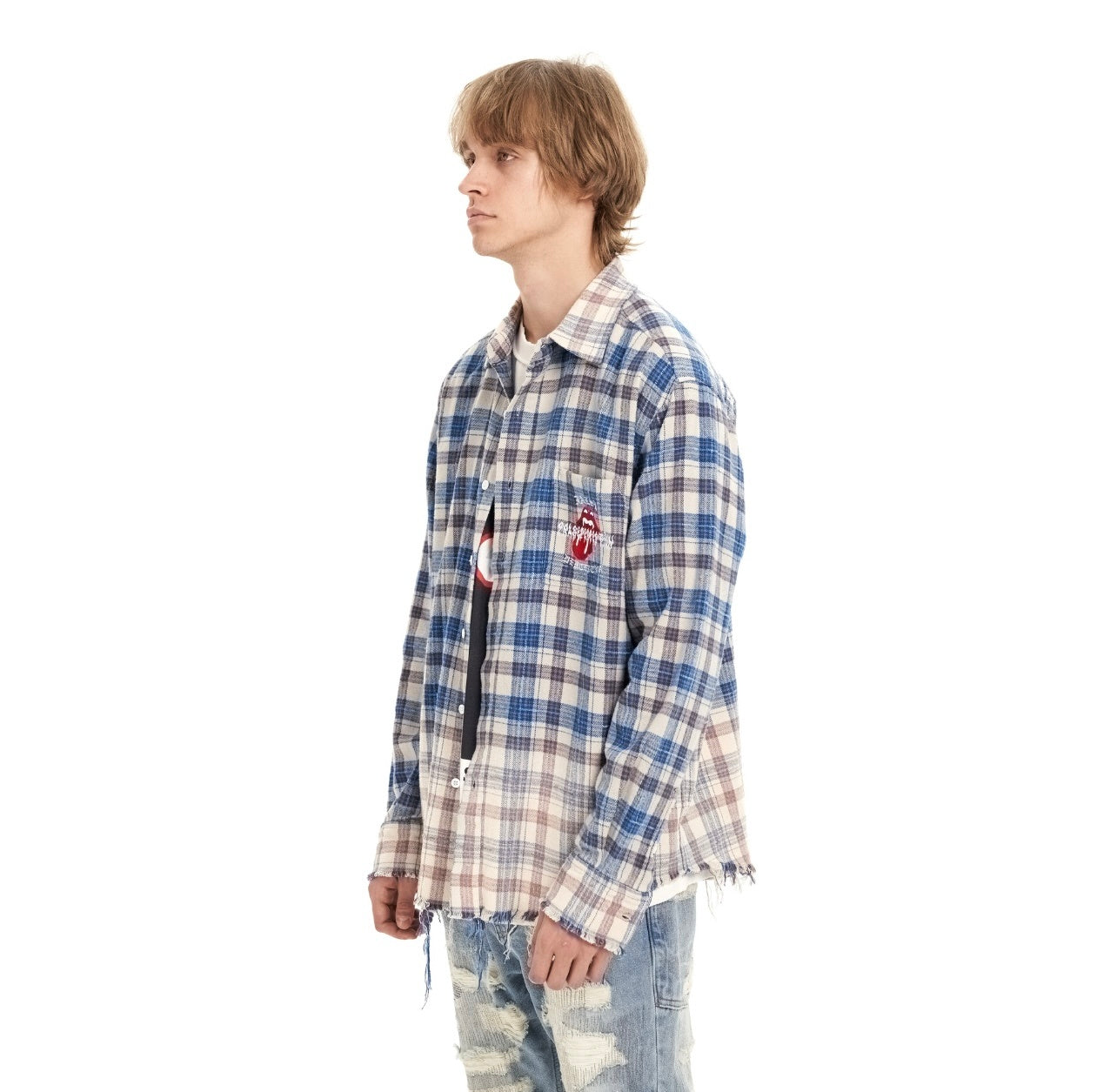 FALSE PERCEPTION Vintage Plaid Frayed Shirt