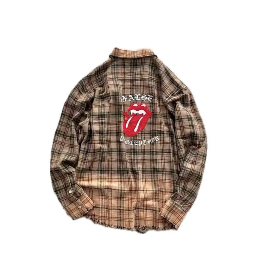 FALSE PERCEPTION Plaid Graphic Frayed Hem Shirt
