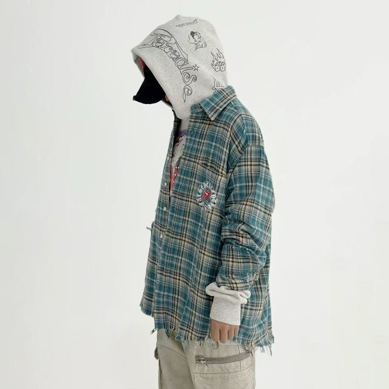 Vintage Plaid Graphic Frayed Hem Shirt