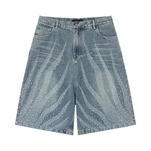 CapCabin Rhinestone Wash Denim Shorts