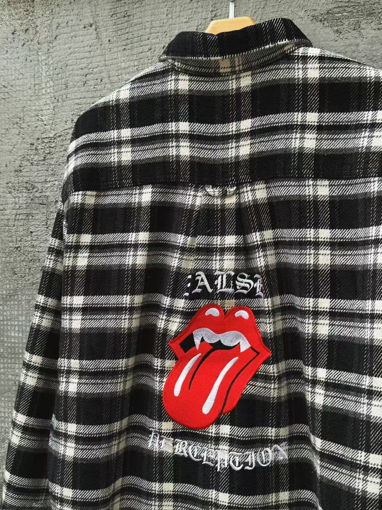 FALSE PERCEPTION Plaid Graphic Distressed Shirt