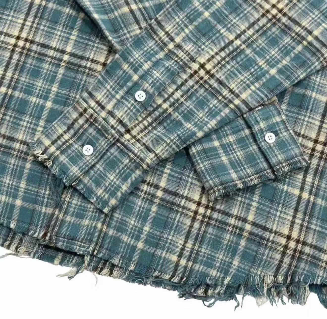 Vintage Plaid Graphic Frayed Hem Shirt