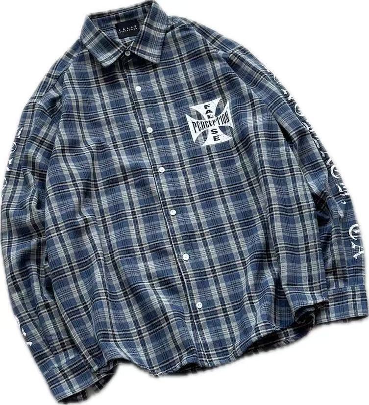 FALSE PERCEPTION Blue Plaid Embroidered Overshirt