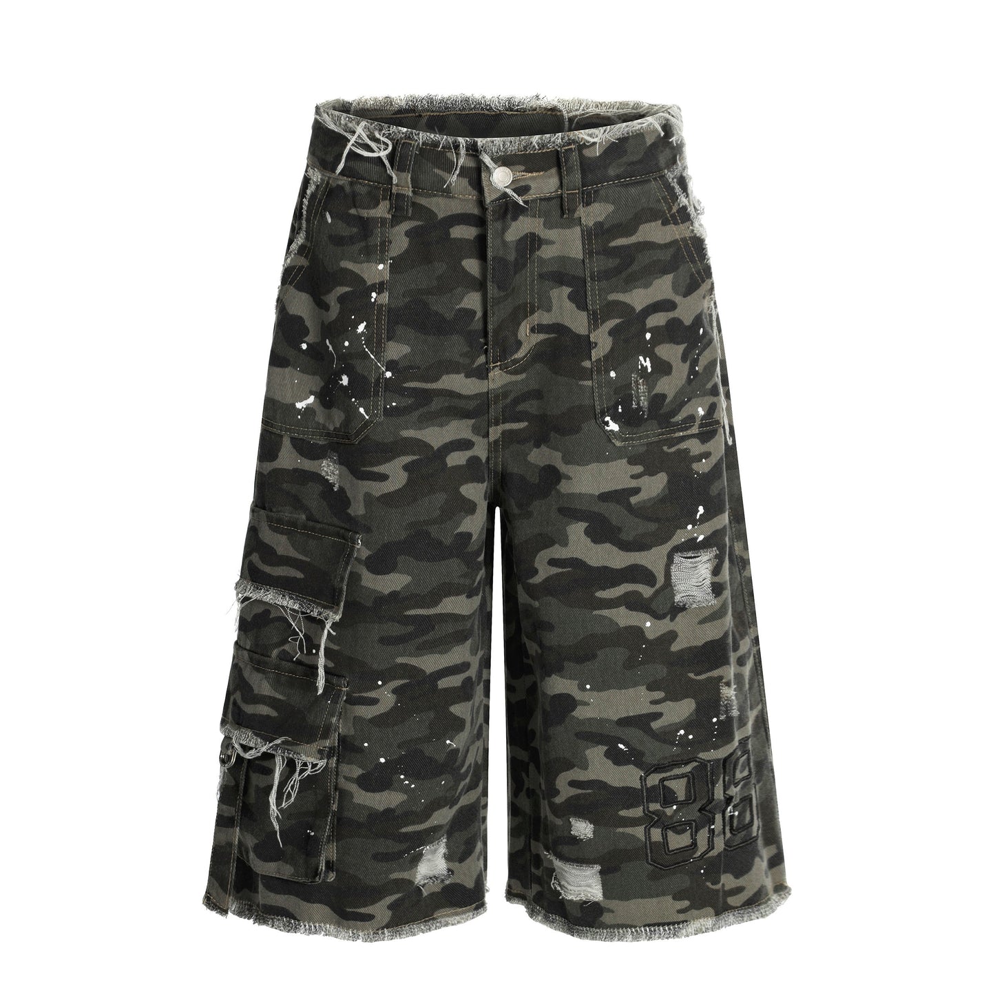 CapCabin Camo Distressed Utility Denim Shorts
