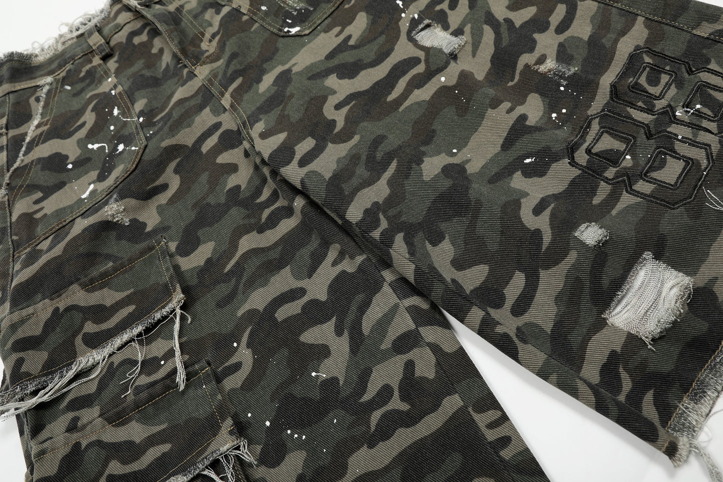 CapCabin Camo Distressed Utility Denim Shorts