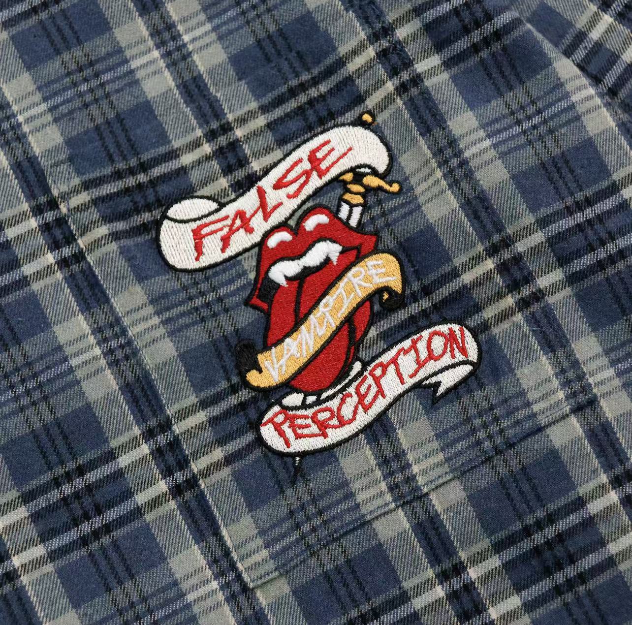 FALSE PERCEPTION Plaid Embroidered Graphic Shirt