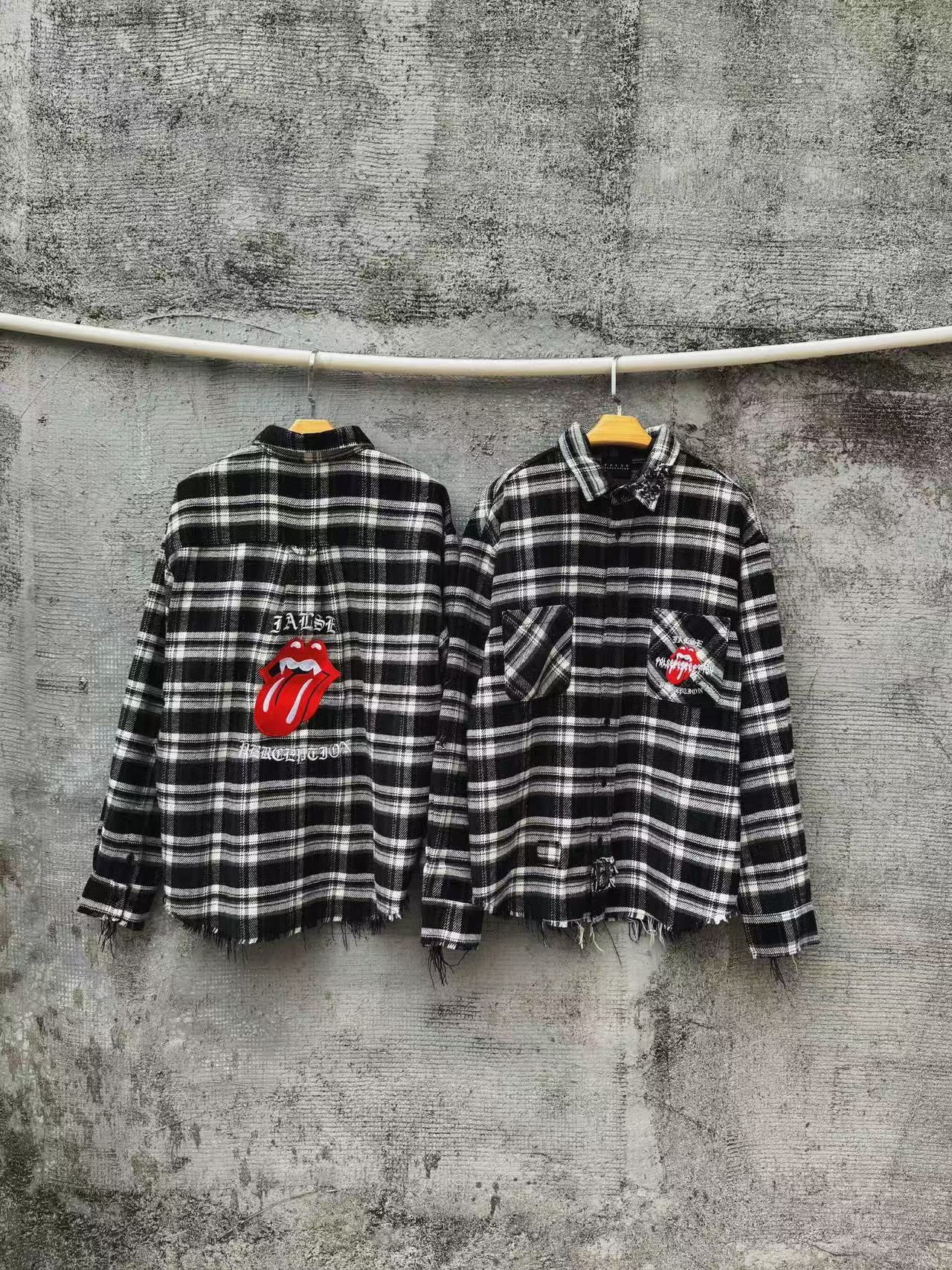 FALSE PERCEPTION Plaid Graphic Distressed Shirt